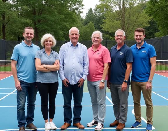 The founding team of Breeze Ball standing on a pickleball court they built.