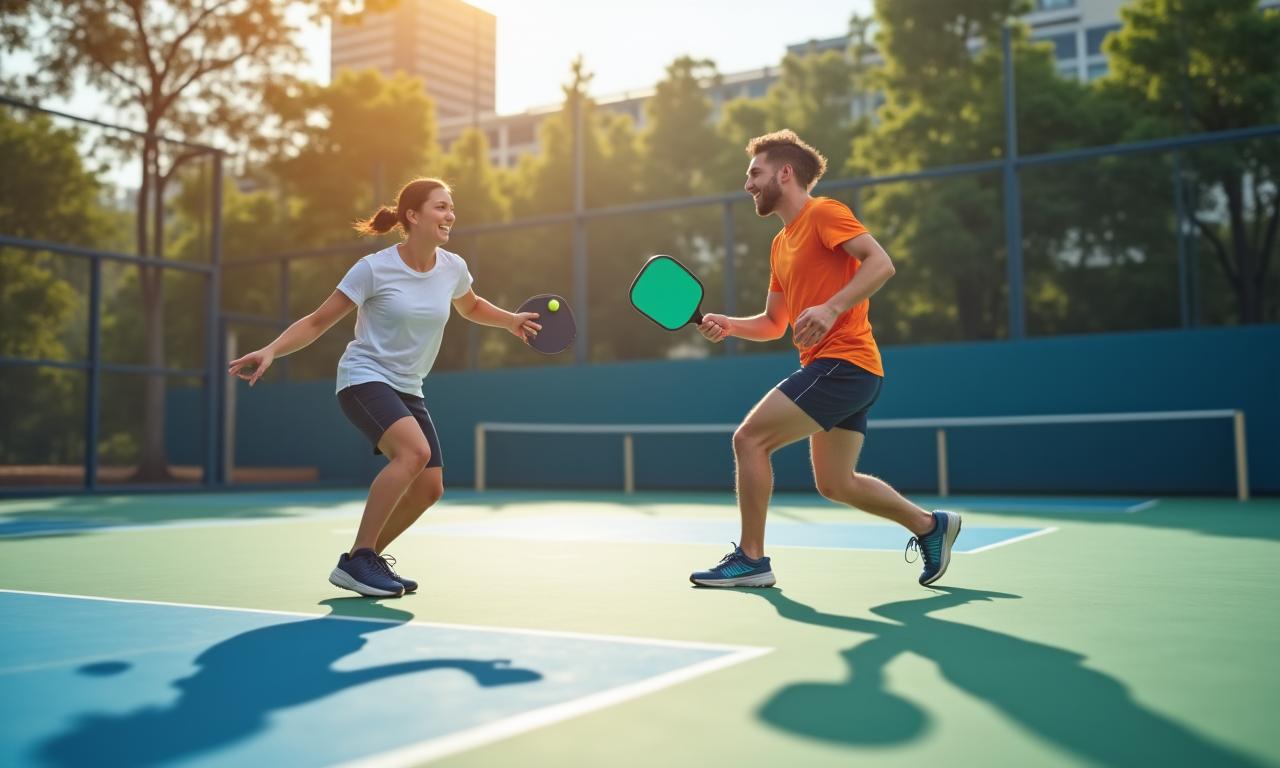 Two people engaged in a fast-paced pickleball rally on a modern court.