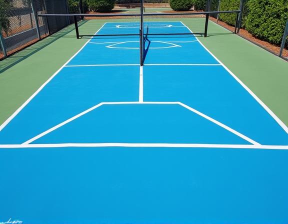 A newly constructed and painted blue pickleball court with the Breeze Ball logo.