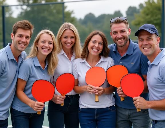 A group of smiling people in corporate shirts holding pickleball paddles at a company event.